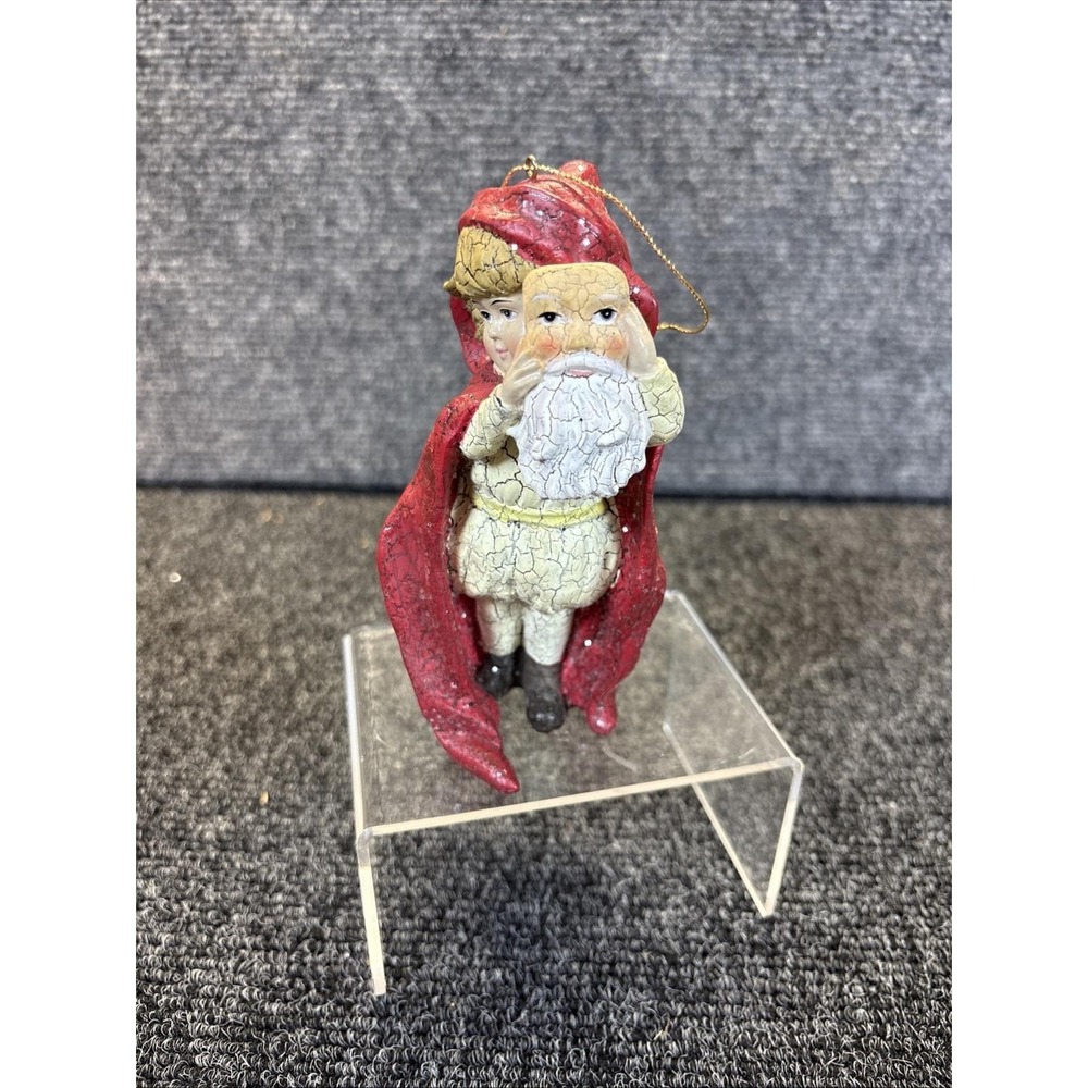 Vtg~Bethany Lowe~Virginia Holding Santa Mask~Ornament~Crackle and Glitter